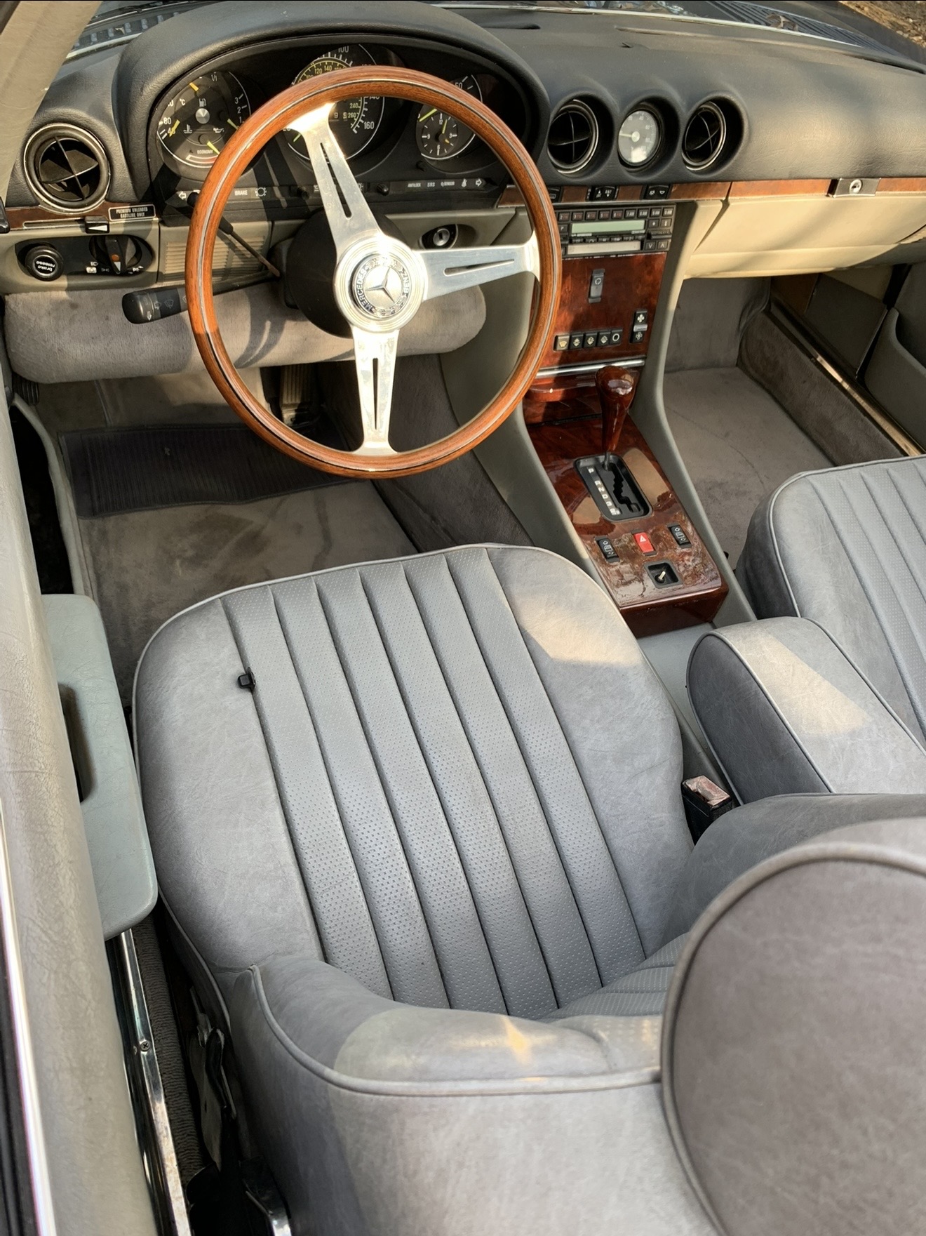 Classic Mercedes convertible interior steering and dashboard after deep clean